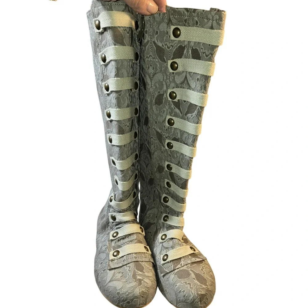 Joyfolie Leighton Dove Grey Damask Tall Boots Girls Youth 2 Brass Buttons
